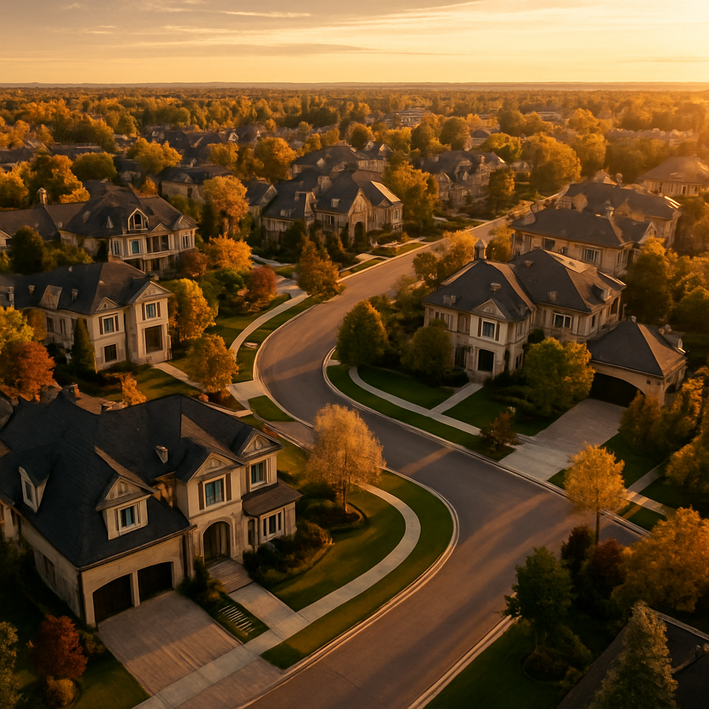 Aerial drone view of a luxury Calgary neighborhood at golden hour