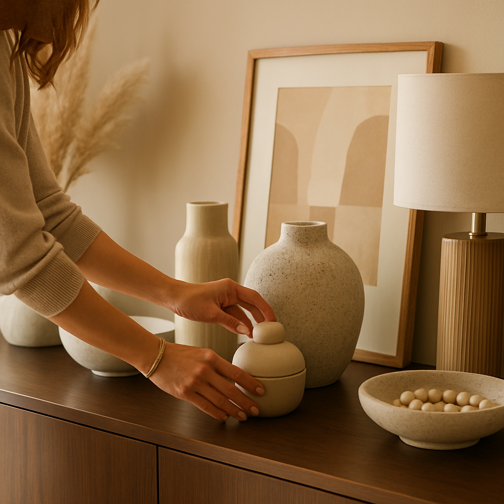 Designer styling a luxury home interior with decor accents