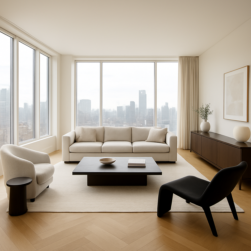 Bright luxury living room interior with floor-to-ceiling windows