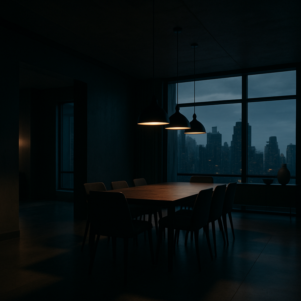 Cinematic dark interior of a luxury home with city skyline views