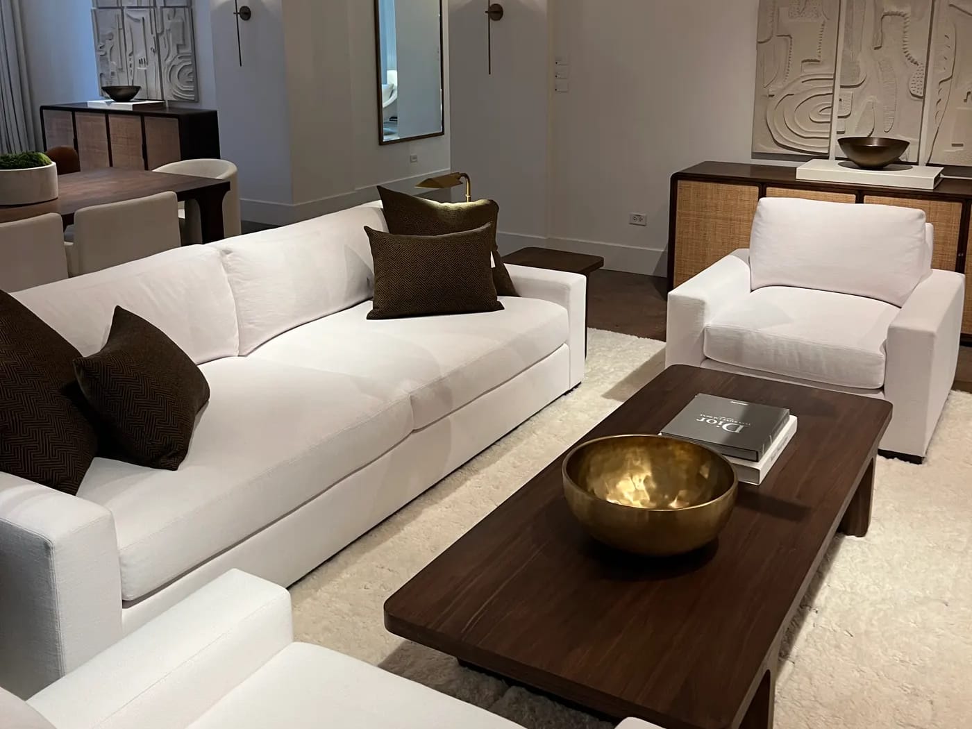 Bright luxury living room interior with floor-to-ceiling windows